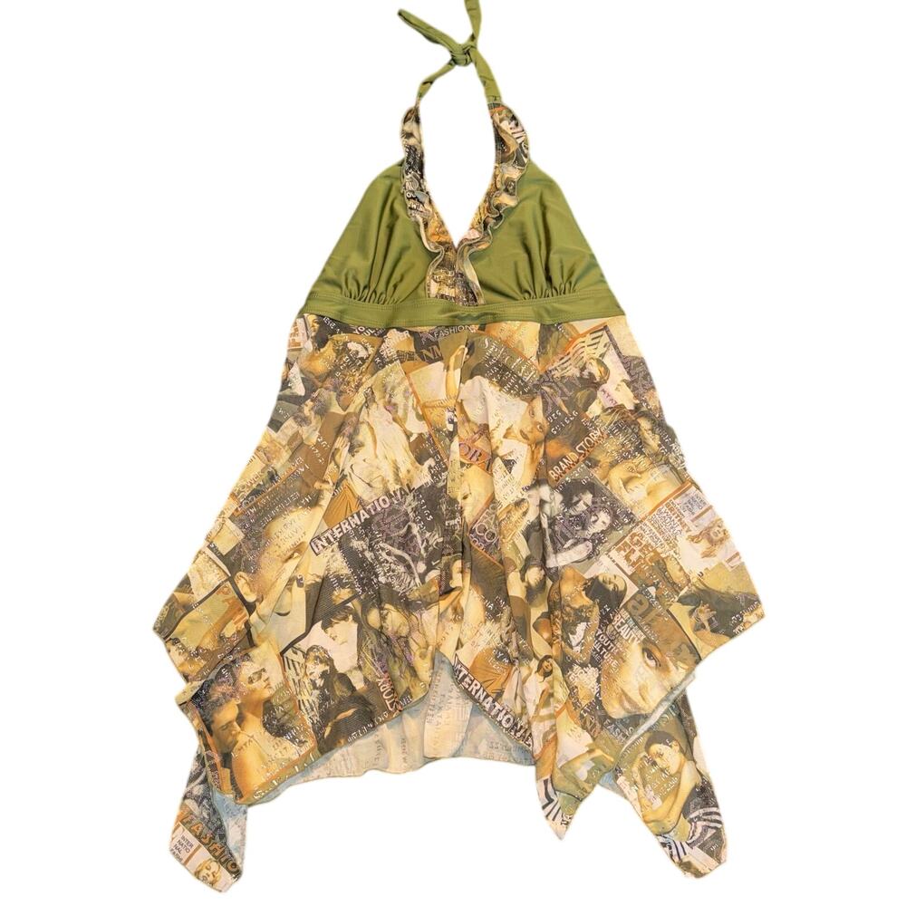 Y2K Vintage Newspaper Print Halter Top Handkerchief Hem Green Mesh Camisole